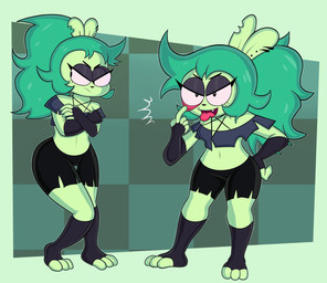 3_toes 5_fingers alternative_fashion anthro armwear black_eyeshadow bottomwear checkered checkered_background clothing cosplay crossover_cosplay ear_piercing elbow_gloves eyeshadow feet female fingerless_gloves fingers gloves goth green_body green_hair hair handwear hotpants leaning looking_aside looking_at_viewer makeup navel pattern_background piercing ponytail shorts simple_background snaggle_tooth solo toes tongue tongue_out toony blackmore cartoon_network hellaverse helluva_boss ok_k.o.!_let's_be_heroes adult_fink fink_(ok_k.o.!_lbh) loona_(helluva_boss) mammal mouse murid murine rodent absurd_res crossover hi_res