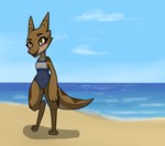 anthro beach blue_clothing blush blush_lines brown_body brown_eyes brown_scales brown_tail clothing cloud dark_tail day detailed_background eyelashes female grey_clothing happy horn markings navel one-piece_swimsuit open_mouth outside paws sand scales sea seaside sky smile solo swimwear tail tail_markings water squablodecomplash wiggles_(squablodecomplash) kobold scalie 2019