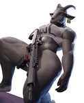 anthro assault_rifle big_muscles bottomless breasts clothed clothing crop_top ear_piercing ear_tag female fur grey_body grey_fur gun holding_assault_rifle holding_gun holding_object holding_ranged_weapon holding_weapon horizontal_pupils horn kneeling muscular muscular_anthro muscular_female piercing pupils ranged_weapon rifle shirt simple_background solo thick_thighs topwear topwear_only weapon yellow_eyes ozzythegoat15 dollymolly323_(modeler) coffee_stain_studios epic_games fortnite goat_simulator pilgor_(goat_simulator) bovid caprine goat mammal 2023 3d_(artwork) absurd_res digital_media_(artwork) hi_res