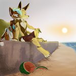 anthro beach bikini blue_hair branded clothed clothing cuddling duo female food fruit hair hand_holding male male/female markings melon plant sand scar sea seaside sun sunset swimwear tropical two-piece_swimsuit water watermelon watermelon_slice kiwi_cutie kiry abyssinian_cat canid canine domestic_cat felid feline felis fennec_fox fox hybrid mammal pantherine tiger true_fox 1:1 hi_res