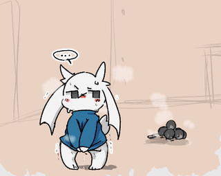 anal_beads anal_juice_drip anal_juice_on_object anal_juice_on_sex_toy anthro black_anal_beads blue_clothing blue_sweater blue_topwear blush blush_lines bodily_fluids bottomless bottomless_anthro bottomless_female clothed clothing covering covering_crotch ellipsis facial_scar featureless_hands female female_anthro floppy_ears fur half-closed_eyes long_ears looking_aside lop_ears narrowed_eyes red_blush scar sex_toy shadow shaking short_tail solo speech_bubble standing sweat sweater sweater_only tail topwear topwear_only trembling white_body white_ears white_fur white_tail x_scar adexthunder1110 cave_story sue_sakamoto lagomorph mammal mimiga 2025 5:4 digital_drawing_(artwork) digital_media_(artwork) low_res