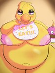 anthro beak belly belly_focus bib big_belly big_breasts breasts cupcake feathers female food looking_at_viewer nipples non-mammal_breasts non-mammal_nipples obese obese_anthro obese_female overweight overweight_anthro overweight_female pink_eyes pink_nipples smile smiling_at_viewer yellow_body yellow_feathers mcerror five_nights_at_freddy's scottgames chica_(fnaf) cupcake_(fnaf) avian bird chicken galliform gallus_(genus) phasianid 3:4 absurd_res hi_res