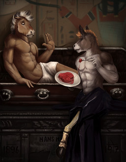 abs anthro bared_teeth beef bone bottomwear brown_body brown_eyes brown_fur clothed clothing duo food fur holding_fork holding_plate inside lying male male_anthro meat mohawk navel on_side pecs standing steak topless white_body white_bottomwear white_clothing white_fur satanic_monkey equid equine horse mammal hi_res