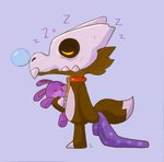 animal_plushie asymmetrical_horns bedding blanket bone broken_horn brown_body bubble collar eyes_closed holding_object holding_plushie horn plushie purple_background rabbit_plushie simple_background skull skull_head sleeping solo sound_effects standing vowelless vowelless_sound_effect zzz crayon_newt_(artist) disney the_owl_house king_clawthorne canid canid_demon canine demon inanimate_object mammal titan_(the_owl_house) 2019 hi_res