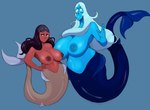 alternate_species areola big_breasts black_eyes black_hair blue_background blue_body blue_eyes blue_hair blue_scales breasts brown_areola brown_body brown_nipples brown_scales dark_body dark_skin duo eyelashes female fish_tail front_view hair hand_on_hip huge_breasts long_hair looking_at_viewer navel nipples scales simple_background split_form wide_hips guillion cartoon_network steven_universe blue_diamond_(steven_universe) priyanka_maheswaran gem_(species) humanoid marine merfolk hi_res