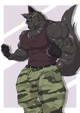 abs anthro arm_tuft belt big_bulge black_body black_clothing black_fur black_gloves black_handwear black_sclera bottomwear bulge chest_tuft clothing elbow_tuft eyewear eyewear_on_head fingers fur gloves handwear male military_pants muscular muscular_male pecs shirt simple_background solo standing sunglasses sunglasses_on_head tail tank_top topwear tuft vein veiny_muscles yellow_eyes geryorias canid canine canis mammal wolf absurd_res hi_res