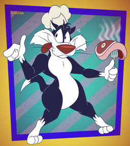 3_toes 4_fingers anthro beef belly bent_leg big_butt biped black_body black_eyes black_fur butt cheek_tuft chef_hat chef_hat_only chest_tuft clothing curling_tail curvy_figure cutlery dipstick_tail facial_tuft feet fingers food fork fur gesture glance gloves_(marking) hand_gesture hat head_tuft headgear headwear holding_fork humanoid_hands humanoid_heel kitchen_utensils leg_markings lines_drawn looking_aside looking_aside_at_viewer looking_at_viewer male markings meat nude pattern_background pecs plantigrade pointing pointing_at_viewer pose raised_heel red_nose simple_background slightly_chubby slightly_chubby_anthro slightly_chubby_male small_waist smile smiling_at_viewer socks_(marking) solo standing standing_on_toes steak steam striped_background tail tail_markings tiptoes toes tongue tongue_out tools toony tuft whisker_spots whiskers white_belly white_body white_feet white_fur white_hands white_sclera white_tail_tip wide_hipped_anthro wide_hipped_male wide_hips gavanzude looney_tunes warner_brothers sylvester_(looney_tunes) domestic_cat felid feline felis mammal tuxedo_cat 2026 alternate_version_at_paywall colored digital_drawing_(artwork) digital_media_(artwork) flat_colors hi_res pinup signature