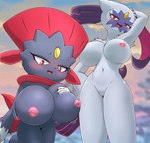 anthro areola big_breasts biped blush bodily_fluids breasts duo female fur grey_body grey_fur navel nipples nude red_eyes smile sweat ebino_senaka nintendo pokemon generation_4_pokemon generation_8_pokemon pokemon_(species) sneasler weavile absurd_res hi_res