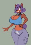 anthro big_breasts bottomwear breasts brown_body clothing collar eyebrow_through_hair eyebrows female green_eyes hair one_eye_obstructed pants purple_eyes shirt simple_background solo topwear translucent translucent_hair imric1251 bandicoot mammal marsupial absurd_res hi_res