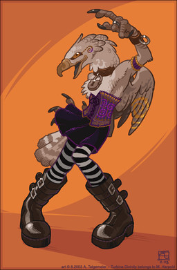 4_fingers alternative_fashion anthro beak black_eyes boots bracelet claws clothed clothing collar corset dancing feathered_wings feathers female finger_claws fingers flat_chested footwear front_view goth jewelry legwear lingerie lock looking_at_viewer mall_goth open_beak open_mouth orange_background orange_sclera padlock padlocked_collar pattern_clothing pattern_legwear pose ring shoes simple_background solo striped_clothing striped_legwear stripes tail tail_feathers tattoo text tights topwear wings oce turbine_(character) accipitrid accipitriform aquilinae avian bird crowned_eagle eagle 2003 cel_shading dated english_text full-length_portrait portrait shaded signature