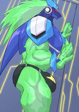 abs anthro armor barazoku biceps big_bulge big_muscles bulge clothing cybernetics detailed_bulge green_body machine male muscular muscular_anthro muscular_male open_mouth red_eyes solo underwear geryorias capcom mega_man_(series) mega_man_star_force omega-xis alien cyborg em_being absurd_res hi_res