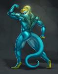 anthro back_muscles biceps blue_body blue_eyes blue_scales butt fist flexing looking_back male markings muscular muscular_anthro muscular_male nude pose rear_view scales simple_background smile solo spots standing yellow_body yellow_scales valentinapaz monroe_lehner collared_lizard common_collared_lizard lizard reptile scalie full-length_portrait hi_res portrait