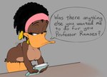 afro anthro areola beak book breasts brown_body brown_feathers feathers female hair looking_back neckwear nipples non-mammal_breasts non-mammal_nipples nude simple_background solo standing text billboi alfred_j._kwak_(series) winnie_(ajk) anatid anseriform avian bird duck digital_media_(artwork) english_text