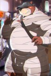 anthro belly big_belly blush brown_body bulge clothing detailed_background hat headgear headwear holidays humanoid_hands kemono male mummy_costume mummy_wrappings outside overweight overweight_male solo kisukemk777 halloween bear mammal 2023 hi_res