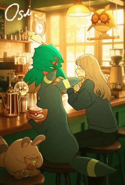 ambiguous_gender anthro bar_counter bar_stool beak beverage black_body black_bottomwear black_clothing black_pants blonde_hair blurred_background blush bottomwear chair clock clothing coffee coffee_machine coffee_mug coffee_pot coffee_shop container cookie counter cup day drinking eating eyes_closed feathers female feral food furniture green_clothing group hair holding_food holding_object hood hot_beverage inside light light_bulb long_hair looking_at_another markings pants red_eyes saucer sitting smile steam stool sunlight sweater tail tail_motion tailwag tea_cup teapot topwear wall_clock window window_light yellow_eyes yellow_markings oshiruko_(oshiruko_s2) nintendo pokemon avian decidueye eeveelution generation_2_pokemon generation_7_pokemon hoothoot human mammal pokemon_(species) sentret umbreon animated hi_res lighting no_sound shaded short_playtime signature webm