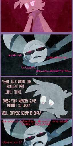 abandoned anthro brown_eyes brown_text clothed clothing computer cybernetics dark dialogue duo electronics ellipsis fully_clothed glitch hair looking_at_viewer machine open_mouth pink_eyes pink_text program programming simple_background teeth text wire shane_frost eeple human lagomorph leporid mammal rabbit robot 2017 absurd_res comic digital_media_(artwork) english_text hi_res long_image tall_image
