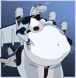 after_vore aircraft anthro belly black_breasts blue_eyes breasts female machine rumbling_stomach solo tail text vehicle vore white_arms white_belly white_body white_legs white_tail white_wings wings berkutmakesart living_aircraft living_machine living_vehicle 2025 english_text hi_res