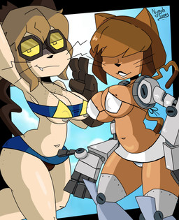 anthro areola areola_slip bangs big_breasts big_butt bikini black_nose blotchy_areola blue_bikini blue_clothing blue_swimwear breasts brown_body brown_fur brown_inner_ear butt camel_toe clothed clothed_anthro clothed_female clothing cute_fangs cybernetic_arm cybernetic_limb duo eyewear fangs female freckled_breasts freckled_butt freckled_chest freckled_face freckles fur gesture goggles grey_nipples half-closed_eyes hand_gesture heart_tail looking_at_viewer narrowed_eyes navel nipple_outline nipples obscured_eyes panties raised_hand skimpy_bikini smile smirk swimwear tail teeth thick_thighs two-piece_swimsuit underwear v_sign whiskers white_bikini white_clothing white_panties white_swimwear white_underwear wide_hips yellow_bikini yellow_clothing yellow_eyewear yellow_goggles yellow_swimwear nymphomoustoons gameoverse glitch_productions scratch_(gameoverse) tina_(gameoverse) domestic_cat felid feline felis mammal absurd_res character_request hi_res