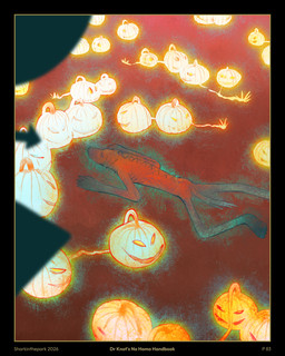ambiguous_gender black_border blurred_foreground border food fruit jack-o'-lantern lying nude on_front orange_body plant pumpkin sinister_smile slim smile solo spikes spikes_(anatomy) tail tired sharkinthepark rowel_(sharkinthepark) canid canine fox mammal 2026 4:5 absurd_res comic hi_res