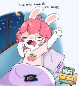 3_fingers alarm_clock anthro arms_bent bangs bed blue_bedding blue_sky bodypaint brown_eyes cellphone clear_sky clock clothed clothed_anthro clothed_female clothing crescent_moon electronics end_table eyelashes face_paint female female_anthro fingers fur furniture hair inner_monologue lidded_eyes light medium_hair moon night no_pupils noseless on_bed open_mouth phone pillow pink_clothing pink_hair pink_shirt pink_topwear purple_blanket purple_pillow shirt sitting sitting_on_bed sky smartphone solo star starry_sky tan_eyelids tan_inner_ear text thinking time tired_eyes topwear under_blanket white_body white_fur window yawn peypey_mei1925 raving_rabbids rayman_(series) ubisoft fan_character pey_(peypey_mei1925) lagomorph mammal rabbid 2025 colored digital_drawing_(artwork) digital_media_(artwork) english_description english_text hi_res lighting shaded