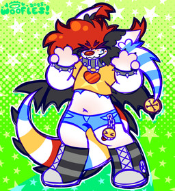 anthro black_body black_fur bottomwear bracelet clothing clown clown_nose collar collar_tag crop_top denim denim_bottomwear denim_clothing denim_shorts dipstick_ears ear_markings footwear fur hair heart_collar_tag jewelry male markings mastectomy_scar multicolored_ears multicolored_tail pattern_background red_hair red_nose scar shirt shoes shorts simple_background smile solo spade_tail spiked_bracelet spiked_collar spikes tail tail_markings tendrils toony topwear white_body wings yellow_clothing yellow_shirt yellow_topwear afterpawty logan_(pinatareaper) canid canine hybrid hyena mammal colorful_theme digital_media_(artwork) hi_res