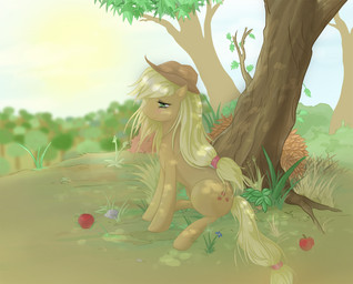 apple clothing cowboy_hat cutie_mark female feral field flower food fruit green_eyes hat headgear headwear outside plant quadruped rock sitting solo sun tail tree wood v-invidia friendship_is_magic hasbro my_little_pony applejack_(mlp) earth_pony equid equine horse mammal pony