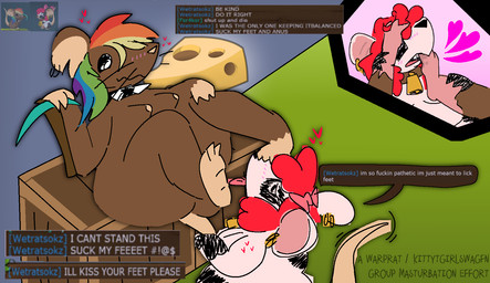 accessory animal_print ankle_grab anthro blush bodily_fluids bow_ribbon box breasts brown_body brown_fur cheese collar container cow_print cowbell crate dairy_products diamond_pickaxe dominant duo ear_piercing ear_ring feet female female/female food foot_fetish foot_in_mouth foot_lick fur game_ui hair hair_accessory hair_bow hair_ribbon heart_symbol highlights_(coloring) leg_grab licking multicolored_hair nipples pickaxe piercing profanity rainbow_hair red_hair ribbons ring_piercing saliva sitting sitting_on_box spiked_collar spikes tail tail_motion tailwag text toe_in_mouth toes tongue whiskers white_body white_fur kittytgirlswagfn warprat microsoft minecraft mojang transformice xbox_game_studios bovid bovine cattle hybrid mammal mouse murid murine rodent 2026 english_text hi_res