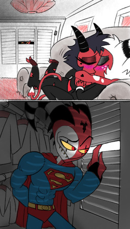 anthro clothed clothing cosplay crossover_cosplay drawer female furniture group hanger horn kissing looking_at_another male peek peeping romantic romantic_couple sofa superman_logo tail teeth trio voyeur killb94_(artist) dc_comics hellaverse helluva_boss blitzo_(helluva_boss) millie_(helluva_boss) moxxie_(helluva_boss) superman demon imp 2020 comic crossover digital_drawing_(artwork) digital_media_(artwork) hi_res