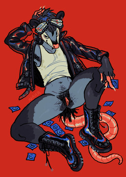 andromorph anthro arm_support armpit_hair backward_arm_support bedroom_eyes big_clitoris black_hair bodily_fluids body_hair boots claws clitoral_hood clitoris clothed clothing condom footwear genitals hair intersex jacket leather leather_clothing leather_jacket leather_topwear looking_at_viewer lying mostly_nude narrowed_eyes navel pantsless presenting presenting_vulva pubes red_background seductive sexual_barrier_device shirt shoes simple_background solo sweat sweaty_clothing tank_top topwear vulva jojoekaki spit_(jojoekaki) american_opossum mammal marsupial full-length_portrait hi_res portrait trans_(lore) trans_man_(lore)