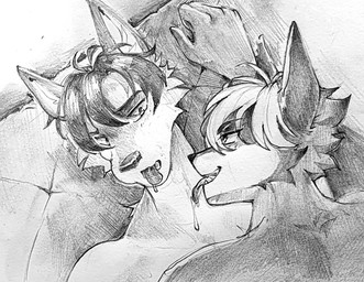 anthro anthro_on_anthro cheek_tuft duo facial_tuft fangs glistening glistening_eyes glistening_hair hair licking licking_another lying male male/male narrowed_eyes nude on_back on_top open_mouth open_smile short_hair smile teeth text tongue tongue_out tuft unsigned akatan_art canid canine fox mammal english_text hi_res monochrome traditional_media_(artwork)