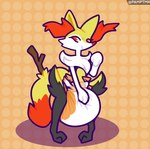 abstract_background ambiguous_gender anthro big_diaper bottomwear clean_diaper clothed clothing diaper hand_on_diaper huge_diaper raised_hand smile solo touching_diaper underwear wearing_diaper pamptmk nintendo pokemon braixen generation_6_pokemon pokemon_(species) hi_res