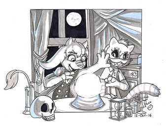 anthro bone candle cheek_tuft clothed clothing crystal_ball duo facial_tuft female floppy_ears furniture hair head_tuft hourglass_(object) inside logo male markings mask moon night open_mouth open_smile short_hair skull smile standing striped_arms striped_markings striped_tail stripes table tail tail_markings tail_tuft tongue tuft wearing_mask young young_anthro young_female young_male pandapaco species_request 2016 4:3 artist_logo dated monochrome signature