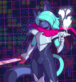 4_fingers alternate_color anthro armor blue_body blue_fur blue_hair bulge clothing cosplay dipstick_tail dotted_background fingers fur geometric_background gloves grid_background hair hair_over_eyes handwear heart_symbol holding_object holding_weapon male markings melee_weapon multicolored_body multicolored_fur multicolored_tail pattern_background scarf simple_background smile solo sword tail tail_markings two_tone_body two_tone_fur weapon conditional_dnp teckworks deltarune undertale_(series) kris_dreemurr percy_(teckworks) domestic_cat felid feline felis mammal siamese_cat 2025 signature