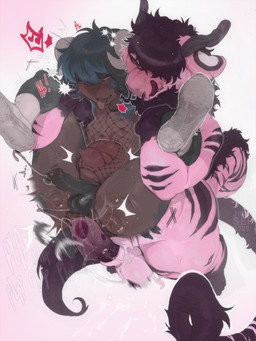 abdominal_bulge anal anal_penetration animal_genitalia animal_penis anthro anthro_penetrating anthro_penetrating_humanoid antlers balls black_body black_fur black_hair black_stripes blue_highlights bodily_fluids bottomless bottomless_humanoid bottomless_male brown_body brown_skin clothed clothing curled_horn dripping duo equine_genitalia equine_penis erection eyes_closed fishnet_clothing fishnet_topwear footwear fur genital_fluids genitals hair half-closed_eyes highlights_(coloring) horn humanoid_genitalia humanoid_on_anthro humanoid_penetrated humanoid_penis licking licking_lips long_whiskers looking_pleasured male male/male male_penetrated male_penetrating male_penetrating_male medial_ring narrowed_eyes nude penetration penile penile_penetration penis penis_in_ass pink_body pink_fur precum precum_drip precum_string sex shoes simple_background sneakers striped_body striped_fur stripes tongue tongue_out topwear whiskers white_background jimnsei mythology animal_humanoid bovid bovid_humanoid caprine caprine_humanoid dragon eastern_dragon humanoid mammal mammal_humanoid mythological_creature mythological_scalie scalie sheep_humanoid 3:4 hi_res