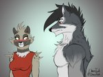 anthro blush bodily_fluids clothed clothing duo female male red_eyes spots sweat yellow_eyes chasertech girl_staring_at_man's_chest chaser_(chasertech) tabia_(chasertech) canid canine canis civet mammal viverrid wolf absurd_res hi_res meme signature