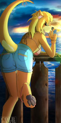 bikini brown_body brown_fur clothed clothing female fur hair raised_tail solo sunset swimwear tail two-piece_swimsuit colrblnd mammal mustelid otter absurd_res hi_res