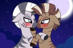 alternate_species blue_eyes blush cuddling duo female feral full_moon hooves male moon night on_model stripes badumsquish friendship_is_magic hasbro my_little_pony generic_messy_hair_anime_anon zecora_(mlp) equid equine mammal zebra hi_res