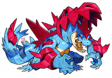 action_pose ambiguous_gender anthro armored_body back_spikes biped blue_body blue_scales claws countershading head_spikes leaning leaning_forward markings open_mouth orange_eyes pose red_markings scales simple_background solo spiked_tail spikes spikes_(anatomy) tail tapering_tail teeth tongue white_background railroadlion nintendo pokemon crocodilian generation_9_pokemon mega_evolution mega_feraligatr pokemon_(species) reptile scalie absurd_res hi_res marker_(artwork) shaded signature traditional_media_(artwork)