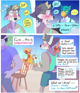 3_panel_comic anthro blush blush_lines bottomwear brown_highlights chair clothed clothing container crossdressing cup dialogue dress drinking_glass ears_down eyes_closed feathers femboy fur furniture glass glass_container glass_cup green_body green_feathers greeting grey_body grey_fur grey_hair hair half-closed_eyes highlights_(coloring) inner_monologue male multicolored_body multicolored_fur narration narrowed_eyes on_chair pivoted_ears restaurant shirt shorts sitting sitting_on_chair smile speech_bubble table tail tank_top text thinking topwear two_tone_body two_tone_fur white_body white_fur heresvix dani_(heresvix) henri_(heresvix) avian bird bovid canid canine canis caprine equid equine horse lagomorph leporid mammal rabbit sheep wolf 2025 comic english_text hi_res