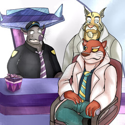 accessory anthro black_clothing black_shirt black_topwear blue_clothing blue_shirt blue_topwear bottomwear clothing detailed_background fur grey_body grey_fur group hat headgear headwear male necktie open_mouth overweight overweight_male pants shirt sitting topwear berryrpgmakerb brok_the_investigator cowcat_games dr._hush dr._mink guard_(brok_the_investigator) bobcat felid feline lynx mammal murid murine rat rodent 1:1 2026 hi_res