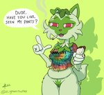 4_fingers anthro anthrofied bottomless burrito clothed clothing dialogue drugs female fingers food fur genitals green_background green_body green_fur green_hair green_pussy hair holding_food holding_object looking_at_viewer marijuana marijuana_blunt multicolored_clothing multicolored_shirt multicolored_topwear pokemorph pussy red_eyes shirt simple_background smoking smoking_marijuana solo t-shirt tie-dye toony topwear zigmenthotep nintendo pokemon felid feline generation_9_pokemon mammal pokemon_(species) sprigatito 2022 cel_shading digital_drawing_(artwork) digital_media_(artwork) hi_res shaded signature