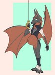 anthro black_clothing black_shirt black_topwear blue_eyes brown_body brown_skin claws clothing ear_piercing grey_body grey_skin male melee_weapon piercing pregnant pregnant_anthro pregnant_male rapier shirt solo sword topwear vest weapon wings grayviz bat mammal hi_res andromorph_(lore)