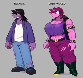 4_fingers abs alternate_form anthro armband bangs belt biceps big_breasts black_armband black_belt black_boots black_bracelet black_clothing black_eyes black_footwear black_shoes black_topwear black_vest blue_bottomwear blue_clothing blue_pants boots bottomwear bracelet breast_expansion breasts cleavage clothed clothed_anthro clothed_female clothing collarbone crop_top expansion eyelashes eyelashes_through_hair female female_anthro fingers flat_chested footwear fully_clothed fully_clothed_anthro fully_clothed_female grey_background growth hair jacket jewelry light long_eyelashes long_hair looking_at_breasts looking_at_own_breasts looking_at_self muscle_growth muscular muscular_anthro muscular_female no_pupils open_clothing open_jacket open_topwear pants pink_body pink_skin puckered_lips purple_body purple_clothing purple_crop_top purple_hair purple_jacket purple_shirt purple_skin purple_topwear shirt shoes simple_background solo spiked_armband spiked_bracelet spikes tear_trough text thick_thighs toothy_smile topwear torn_crop_top torn_sleeves translucent translucent_hair vest white_clothing white_shirt white_topwear wide_eyed fimif deltarune undertale_(series) susie_(deltarune) reptile scalie 2025 absurd_res colored digital_drawing_(artwork) digital_media_(artwork) english_description english_text hi_res lighting shaded