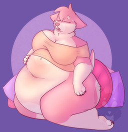 anthro belly big_belly big_breasts biped bloated bodily_fluids bottomless bottomless_anthro bottomless_female breasts cleavage clothed clothing female female_anthro fur obese obese_anthro obese_female overweight overweight_anthro overweight_female partially_clothed partially_clothed_anthro partially_clothed_female pillow pink_body pink_fur shirt solo sweat sweatdrop t-shirt thick_thighs tired topwear strawberrymilkdog taffy_(strawberrymilkdog) canid canine canis chihuahua domestic_dog mammal toy_dog 2021 hi_res watermark