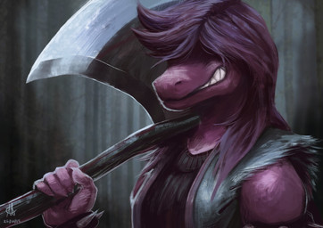 axe female grin hair hair_over_eyes melee_weapon purple_body purple_skin smile solo weapon alicia_lamburd deltarune undertale_(series) susie_(deltarune) scalie hi_res portrait