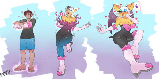 abstract_background anthro barefoot base_one_layout basic_sequence biped blush bottomwear breast_growth breasts brown_hair clothing feet female footwear gender_transformation growth hair hand_on_breast heart_symbol human_to_anthro linear_sequence male mtf_transformation on_one_leg one_row_layout open_mouth pants shirt shoes short_hair solo species_transformation standing surprised three_frame_image three_frame_sequence tongue tongue_out topwear transformation transformation_sequence wing_growth wings lewdydoo sega sonic_the_hedgehog_(series) rouge_the_bat bat human mammal 2018 sequence