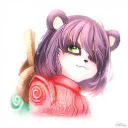 anthro backpack bedroll black_body black_fur black_hair black_nose clothing female fur green_eyes hair hair_over_eye looking_at_viewer pink_clothing pink_shirt pink_topwear scroll shirt short_hair simple_background smile solo topwear white_background young young_anthro young_female lw_goombang blizzard_entertainment warcraft li_li_stormstout bear mammal pandaren 2018 colored digital_drawing_(artwork) digital_media_(artwork) portrait signature