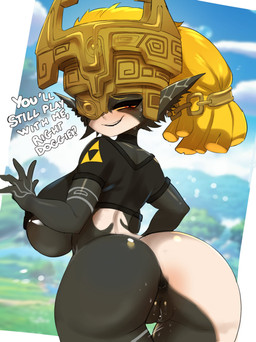 anthro anus back_boob big_breasts black_body blonde_hair blush bodily_fluids breasts butt clothing female fused_shadow genital_fluids genitals hair headgear headwear huge_breasts looking_at_viewer red_eyes solo text vaginal_fluids vulva ashraely nintendo the_legend_of_zelda twilight_princess midna humanoid imp twili 2023 absurd_res hi_res
