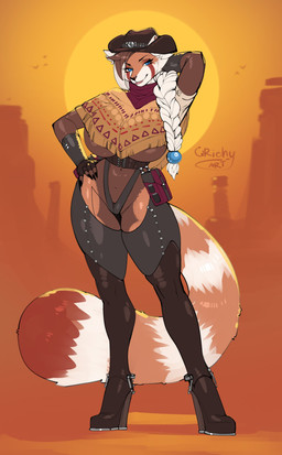 anthro biped breasts claws clothed clothed_anthro clothed_female clothing countershade_torso countershading female fingers front_view fur hair hat headgear headwear looking_at_viewer navel smile solo standing tail qrichy ailurid mammal red_panda 2026 absurd_res digital_drawing_(artwork) digital_media_(artwork) hi_res