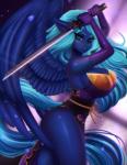 anthro anthrofied armor breastplate breasts cleavage clothed clothing costume fantasy feathers female hair looking_at_viewer melee_weapon pose solo sword warrior weapon wings adorableinall friendship_is_magic hasbro my_little_pony mythology midnight_mist shadowbolts_(mlp) equid equine mammal mythological_creature mythological_equine pegasus absurd_res digital_media_(artwork) hi_res